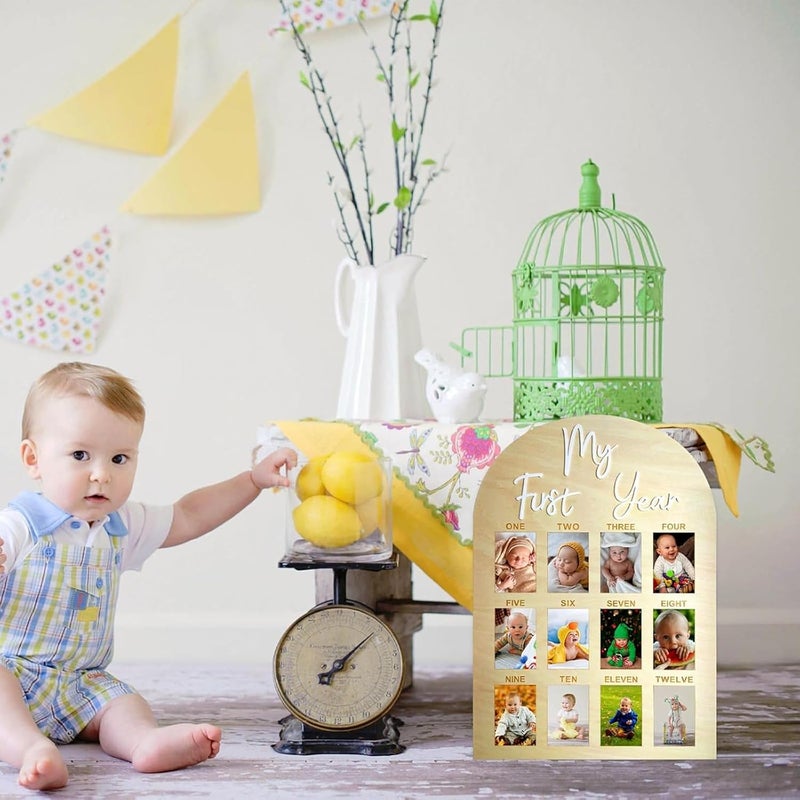 FLhdM My First Year Photo Frame Board, 1st Birthday Girl Boy Gifts, Newborn Newmom Gift, 1 Year Old Girls Gifts, One Year Birthday Party Decorations, Baby Shower Baptism Favors, 12 Months Milestone - Image 4